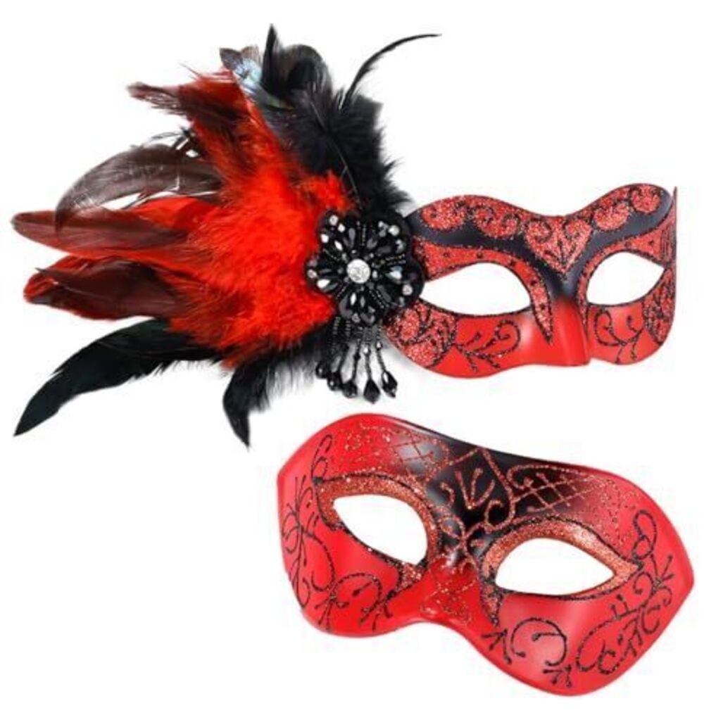 5379 Red Masquerade Mask for Couple -Masquerade Masks with Feathers &